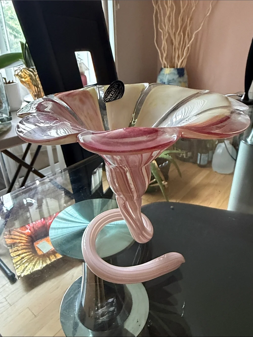 Murano Pink and White Hand-Blown Flower Bowl